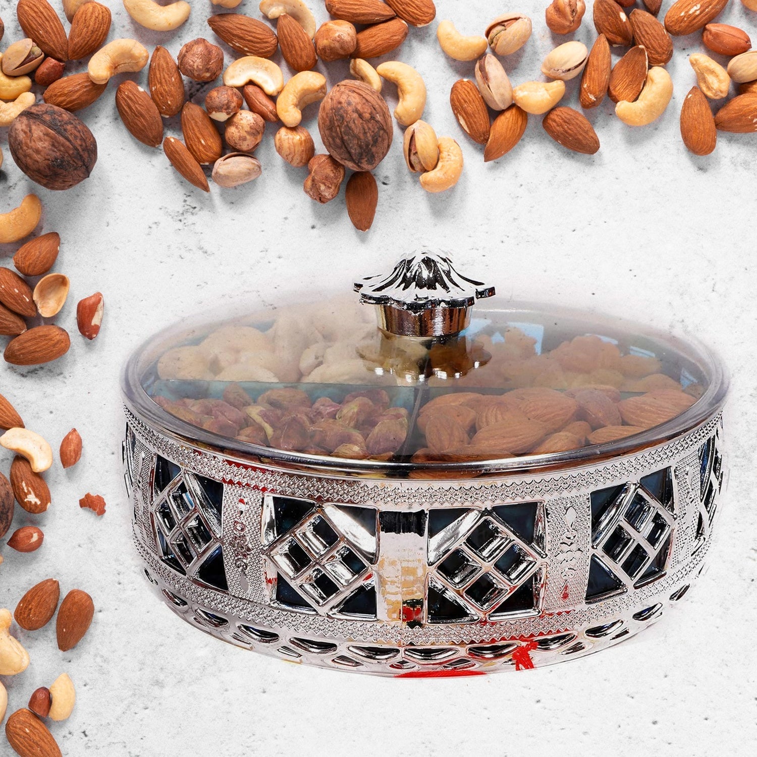 Multipurpose Dry Fruit Box 4 Section Dry Fruit Round Silver Gift Box (1 Pc) Multipurpose Dry Fruit Box 4 Section Dry Fruit Round Silver Gift Box (1 Pc)